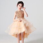 Robe soire fille de mariage crmonie sans manche avec paillettes - champagne