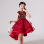 Robe soire fille de mariage crmonie sans manche avec paillettes - rouge