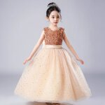 Robe de soiree filles princesse paillettes tulle col rond sans manches - champagne - enfant - fille