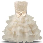 Robe de soire formelle en dentelle pour enfant fille tenue de crmonie fleur beige