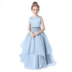 Robe de soire mariage enfant fille sans manches robe longue de crmonie col rond couleur unie - bleu ...