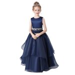 Robe de soire mariage enfant fille sans manches robe longue de crmonie col rond couleur unie - bleu ...