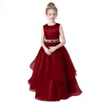 Robe de soire mariage enfant fille sans manches robe longue de crmonie col rond couleur unie - bordeaux ...