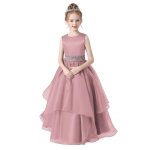 Robe de soire mariage enfant fille sans manches robe longue de crmonie col rond couleur unie - rose ...