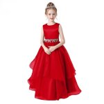 Robe de soire mariage enfant fille sans manches robe longue de crmonie col rond couleur unie - rouge ...