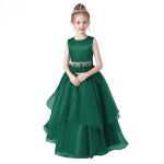Robe de soire mariage enfant fille sans manches robe longue de crmonie col rond couleur unie - vert ...