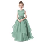Robe de soire mariage enfant fille sans manches robe longue de crmonie col rond couleur unie - vert ...