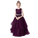Robe de soire mariage enfant fille sans manches robe longue de crmonie col rond couleur unie - violet ...