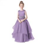 Robe de soire mariage enfant fille sans manches robe longue de crmonie col rond couleur unie - violet ...