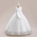 Robe de soire de mariage enfant fille sans manche avec paillette tulle mi - longue - blanc