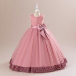 Robe de soire de mariage enfant fille sans manche avec paillette tulle mi - longue - rose