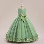 Robe de soire de mariage enfant fille sans manche avec paillette tulle mi - longue - vert