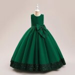 Robe de soire de mariage enfant fille sans manche avec paillette tulle mi - longue - vert fonce