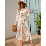 Robe de soir�e en mousseline de soie imprim� floral col rond �l�gante blanc