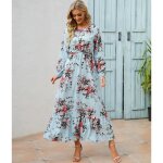 Robe de soir�e en mousseline de soie imprim� floral col rond �l�gante bleu