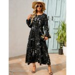 Robe de soir�e en mousseline de soie imprim� floral col rond �l�gante noir