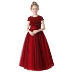 Robe de soire  paillettes fille manches courtes robe longue princesse en tulle couleur unie 2 - 10 ...