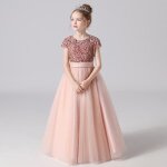 Robe de soire  paillettes fille manches courtes robe longue princesse en tulle couleur unie 2 - 10 ...