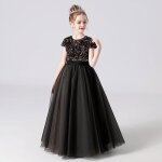 Robe de soire  paillettes fille manches courtes robe longue princesse en tulle couleur unie 2 - 10 ...