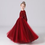 Robe de soire  paillettes fille manches longues robe longue princesse en tulle couleur unie 2 - 10 ...