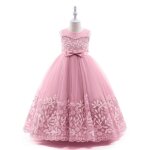 Robe de soire princesse fille sans manches robe longue de crmonie avec ceinture noeud papillon - rose ...