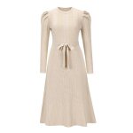 Robe en tricot femme mi - longue slim fit manches longues robe pull col rond couleur unie avec ceinture ...