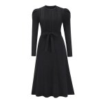 Robe en tricot femme mi - longue slim fit manches longues robe pull col rond couleur unie avec ceinture ...