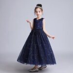 Robe tulle fille princesse pour mariage soiree sans manche confortable - bleu marine