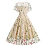 Robe vintage - femme - dentelle transparente - broderie florale - manches papillon - cocktail formel