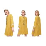 Robe volant�e - marque inconnue - moutarde - femme - taille 38 - d�tails en dentelle - 100% viscose