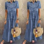Robe w00089 en jean boutonne  manches courtes pour femme bleu fonc xxxl 32