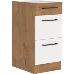 Rock - meuble bas casserolier - mlamin chne lancelot et blanc brillant - 40 cm - 3 tiroirs - plan ...