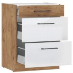 Rock - meuble bas casserolier - mlamin chne lancelot et blanc brillant - 60 cm - 3 tiroirs - plan ...