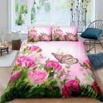 Roses roses et papillons parure de lit 3 pieces 1 housse de couette 220 * 240cm et 2 taies doreillers ...