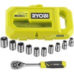 Ryobi - coffret 1 cl 90 dents 8 douilles (de 8  15 mm) & adaptateur 1 / 4?? - 3 / 8?? - compatible ...