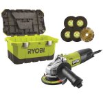 Ryobi - meuleuse dangle 800 w 125mm - protection anti - redémarrage + coffre 5 disques à ébarber & 1 ... Ryobi - meuleuse dangle 800 w 125mm - protection anti - redémarrage + coffre 5 disques à ébarber & 1 ...