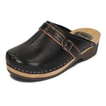 Sabots ferm�s en cuir et bois naturel pour femmes becomfy - noir - clogs casual - lisse