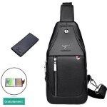 Sac poitrine homme en cuir pu + portefeuille - fondupin - noir - grande capacit� - bandouli�re large