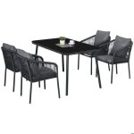 Salon de jardin 4 personnes outsunny en rotin pe avec chaises empilables et coussins plateau en verre ...