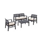 Salon de jardin 4 pices anthracite canap 2 places + 2 fauteuils + table basse + 3 coussins cru kz ...
