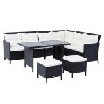 Salon de jardin 8 pers. grand confort canap dangle + 2 poufs + table  manger 12 coussins assise & dossier ...