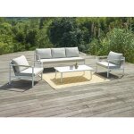 Salon de jardin en aluminium : un canap 3 places 2 fauteuils et une table basse - blanc coussins beiges ...