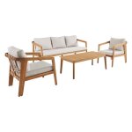 Salon de jardin beige 5 places bois dacacia loberia avec lani�res effet cuir