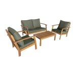 Salon de jardin en bois 4 places coussins kaki. canap. fauteuils et table basse en acacia. design