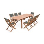 Table de jardin extensible bois deucalyptus + 8 assises en bois deucalyptus huil� et textil�ne savane ...