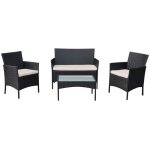 Salon de jardin corfou en r�sine tress�e noire 4 places - coussins beige