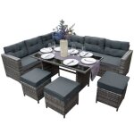 Salon de jardin gris en rotin pour 9 personnes ensemble table & si�ges