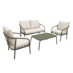 Salon de jardin en m�tal 4 places kaki. coussins beige. design �pur� arrondi