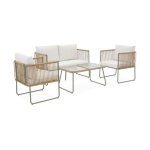 Salon de jardin en corde r�sine plastique et acier galvanis�. table basse en verre tremp�. 4 places. ...