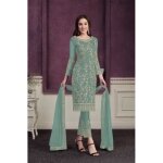 Robe salwar kameez pakistanaise anaaya - vert claire - 3 pi�ces avec �tole et pantalon slim